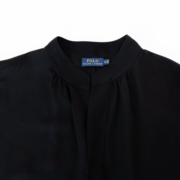 Polo Ralph Lauren M Split-Neck Top 100% Silk Black Relaxed Office Business - Picture 5 of 11